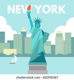 Vector illustration of Statue of Liberty in front of Manhattan building skyline in New York, USA. A square tourism promotional poster and banner concept.
