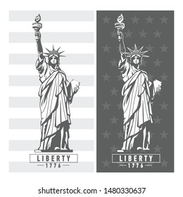 Vector illustration of the Statue of Liberty in New York City. Symbol, emblem, label, logo design.