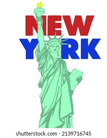 Vector illustration of Statue of Liberty in New York city. Various landmarks of New York, USA. NY city for poster and postcards on red background. America. 