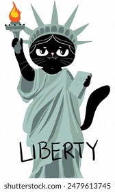 Vector illustration of the Statue of Liberty in New York City. Symbol, emblem, label, logo design. black cat character, 4 july, independent