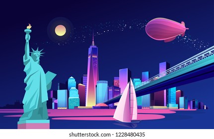 Vector illustration of the Statue of Liberty night abstract city, illuminated by neon lights, a bridge is drawn across the canal, a yacht sails through the sky, the airship flies