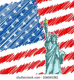 vector illustration of Statue of Liberty on American Flag Backdrop
