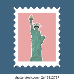Vector illustration of the Statue of Liberty on a postage stamp with pastel colors and clean lines