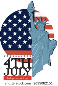 Vector illustration of the Statue of Liberty with a patriotic American flag backdrop, emphasizing Independence Day themes