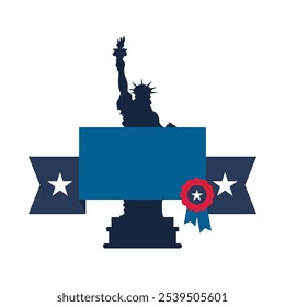 Vector illustration of Statue of Liberty silhouette and decorative ribbon with field for message. Patriotism, national holidays, or events celebrating American culture. Website designs for government