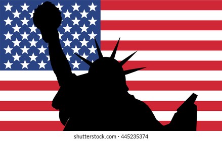 Vector illustration of Statue of Liberty silhouette with USA flag
