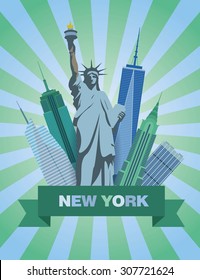 Vector illustration with Statue of Liberty and the skyscrapers.