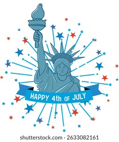 Vector illustration of the Statue of Liberty surrounded by colorful fireworks and stars, celebrating Independence Day