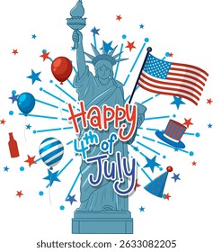 Vector illustration of the Statue of Liberty surrounded by festive elements in red, white, and blue colors