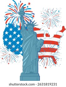 Vector illustration of the Statue of Liberty with vibrant fireworks and a USA map in red, white, and blue