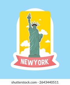 Vector illustration of the Statue of Liberty with vibrant colors and a modern design. Features a blue sky and cloud background