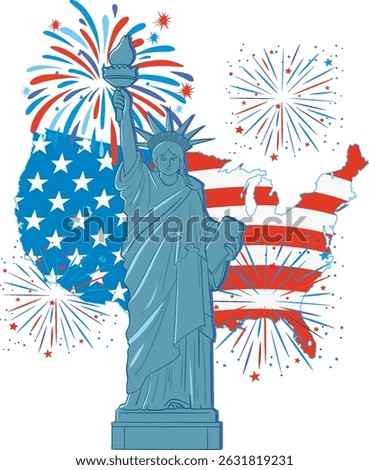 Vector illustration of the Statue of Liberty with vibrant fireworks and a USA map in red, white, and blue