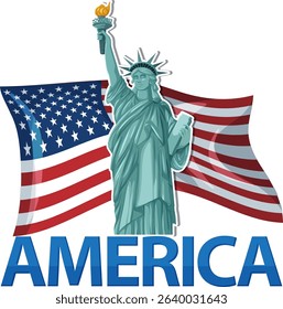 Vector illustration of the Statue of Liberty with a waving American flag. Bold colors and clean lines create a patriotic theme