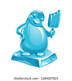 vector illustration of statuette, figurine ice penguin with ice cream