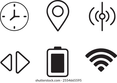 A vector illustration of a status bar with icons for time, GPS, signal, battery, and wifi. 