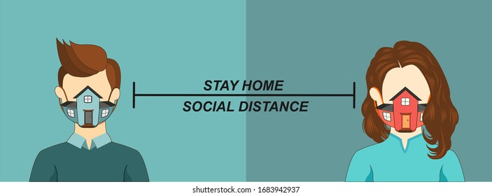 vector illustration of stay home awareness social media campaign and coronavirus prevention. keeping social distance. a man and a woman with house mask concept to fight corona virus.