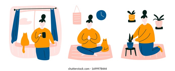 Vector illustration with stay home concept. Cute kawaii girl drinking tea, doing yoga and taking care of plants with litte cat. Coronavirus prevention with self quarantine design in doodle style