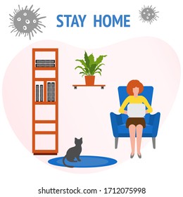 Vector illustration Stay home  concept. Social distancing due to COVID-19 virus. Girl Remote working on laptop due to Pandemic Quarantine. Reducing risk of infection and Health care prevention measures concept.