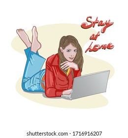Vector illustration of stay home concept. Stay at home. Girl with a laptop works from home. Save the life. New reality, new life, freelance.