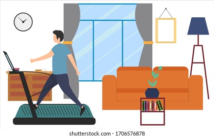 Vector illustration Stay home. Coronavirus COVID-19 quarantine. Sport, wellness training, home fitness workout Man is treadmill Social distance