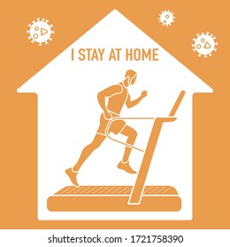 Vector illustration Stay home.  coronavirus COVID-19 Quarantine. Sport, workout for wellness, fitness training at home Human engaged on treadmill Social distancing Sports activities Health care