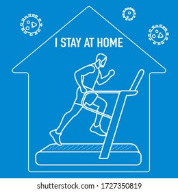 Vector illustration Stay home.  coronavirus COVID-19 Quarantine. Sport, workout for wellness, fitness training at home Human engaged on treadmill Social distancing Sports activities Health care