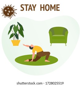 Vector illustration Stay home.  coronavirus COVID-19 Quarantine. Sport and fitness training at home Social distancing Online sports activities Active lifestyle Fitness blog, workout app concept