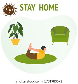 Vector illustration Stay home.  coronavirus COVID-19 Quarantine. Sport and fitness training at home Social distancing Online sports activities Active lifestyle Fitness blog, workout app concept