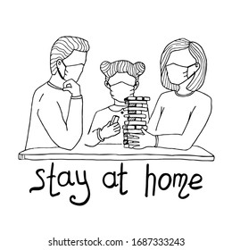Vector illustration stay at home during quarantine. The family in protective masks plays a board game, they stay at home, do not go out. Hand-drawn icon.