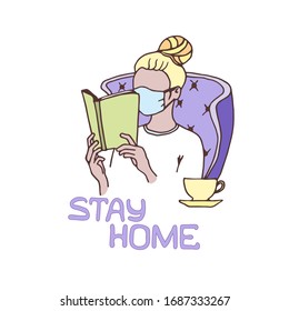 Vector illustration stay at home during quarantine. A girl in a protective mask sits in an armchair and reads a book, stays at home, does not go outside. Hand-drawn icon.