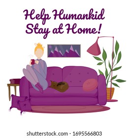 Vector illustration, stay home during the coronavirus epidemic. At home during isolation. A cozy living room with a soft sofa, pillows, rug, a picture on the wall, a bedside table with books