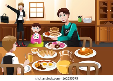 A vector illustration of a stay at home father eating breakfast with his kids  while mom is getting ready to go to work