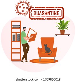 Vector illustration Stay home. Human reading book  coronavirus Quarantine Pandemic Social distancing. Separation.  virus COVID-19 Health care Reducing risk of infection prevention measures