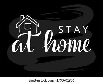 Vector illustration of stay at home lettering for banner, social advertisement, flyer, web design, shop signage, package, logo. Handwritten text for digital use or print with graphic elements
