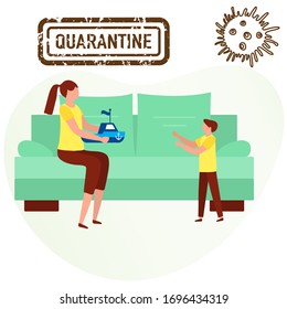 Vector illustration Stay home Parent plays with baby. Coronavirus Quarantine. Pandemic. Social distancing. Separation.  virus COVID-19. Health care. Reducing risk of infection prevention measures