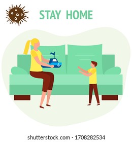 Vector illustration Stay home Parent plays with baby. Coronavirus Quarantine. Pandemic. Social distancing. Separation.  virus COVID-19. Health care. Reducing risk of infection prevention measures