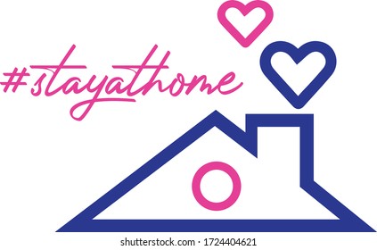 Vector illustration. Stay at home text under house roof with heart. COVID 19 or corona virus protection campaign logo. Self isolation appeal as sign or symbol. 
