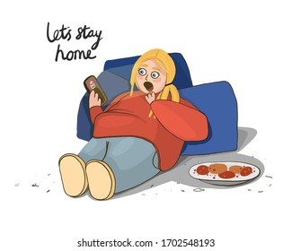 vector illustration of a stay at home. things to do at home. Funny comic on the topic of gluttony, laziness and saving the figure