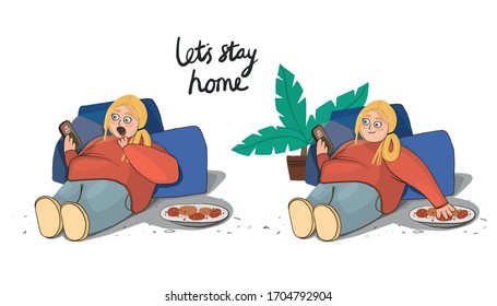 vector illustration of a stay at home. things to do at home. Funny comic on the topic of gluttony, laziness and saving the figure