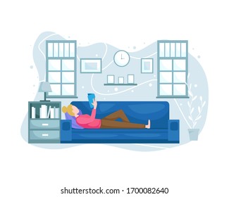 Vektorillustration Illustration Bleiben Sie zu Hause. Frauen entspannen zu Hause, lesen Bücher und liegen auf dem Sofa. Bleiben Sie zu Hause bei der Illustration des Konzepts der Koronavirus-Pandemie. Vektorillustration im Flachstil