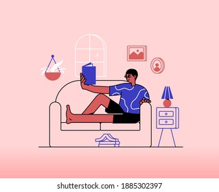 Ilustración vectorial de permanecer productiva durante una pandemia leyendo en casa. Quédate en casa.