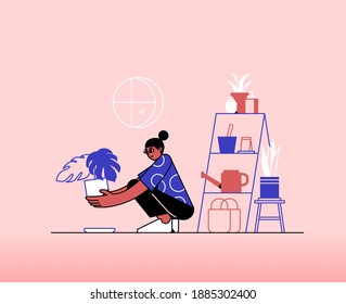 Vector illustration of stay productive during a pandemic by gardening at home. Stay at home.