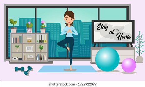 Vector illustration of staying at home while doing yoga to maintain physical fitness to avoid corona