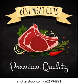 Vector illustration. Steak isolated on black Board. Raw steak.