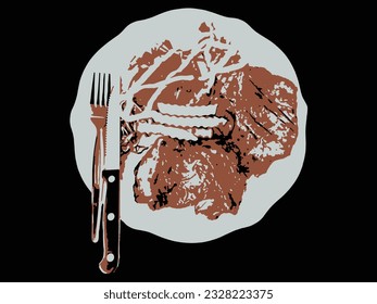 Vector illustration of Steak on plate with knife and fork on black background.