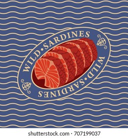 Vector illustration of steaks wild sardines in oval frame on the waves background, realistic design for fish preserves or label on canned fish. Design element for fish-menu, banners, wrapping paper.