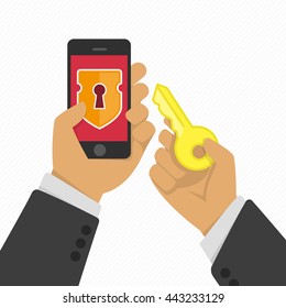 Vector illustration of stealing personal information from your mobile phone. Protection and hacker, crime theft, privacy smartphone. Hacker hacking smartphone illustration in flat style.