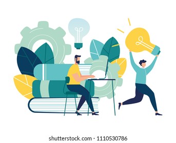 Vector illustration, stealing and plagiarism, copying ideas, thoughts, a man running away with a light bulb in his hands