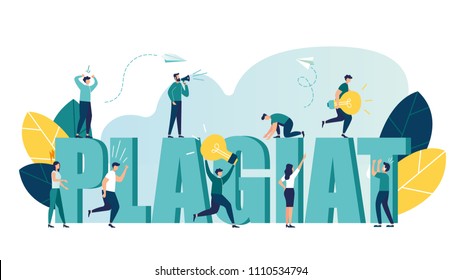 Vector illustration, stealing and plagiarism ideas, thoughts, a man running away with a light bulb in his hands and trying to catch him