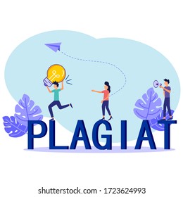 Vector illustration, stealing and plagiarizing ideas, thoughts, a man running away with a light bulb in his hand and being chased by people to catch him.